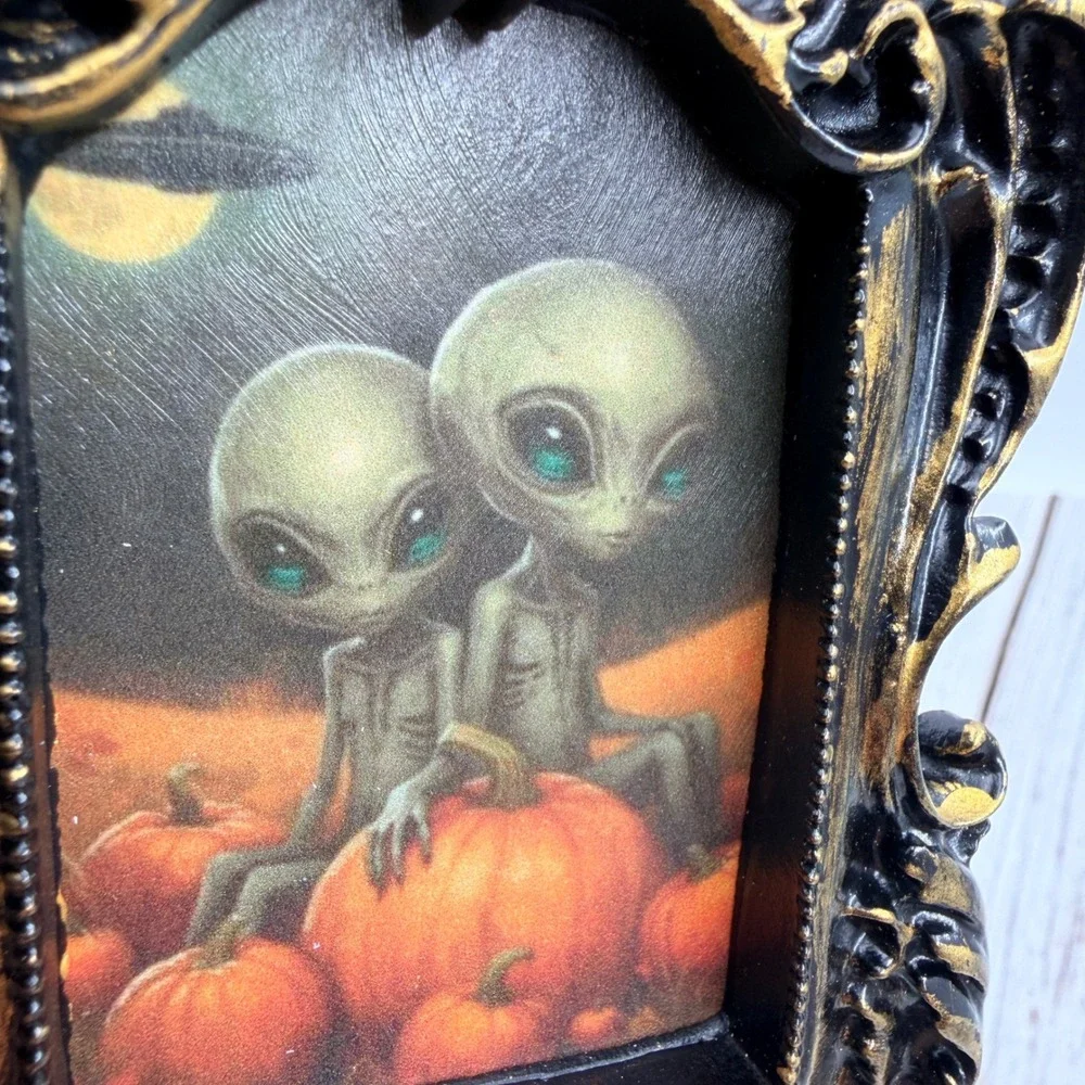 Handmade Alien Pumpkin Halloween Decoupage Art Ornate Gold Black Resin Frame
